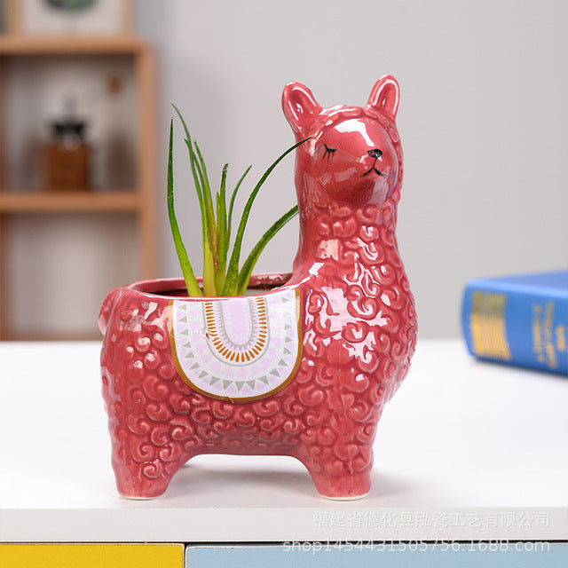 Creative Cartoon Color Glazed Alpaca Flower Pot